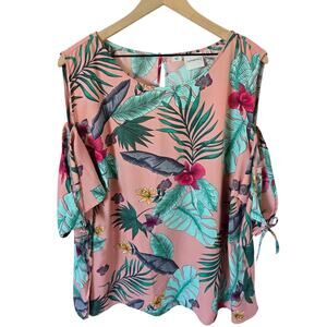 Juna Rose Top Size 24 Short Sleeve Cold Shoulder Pink Tropical Floral Print